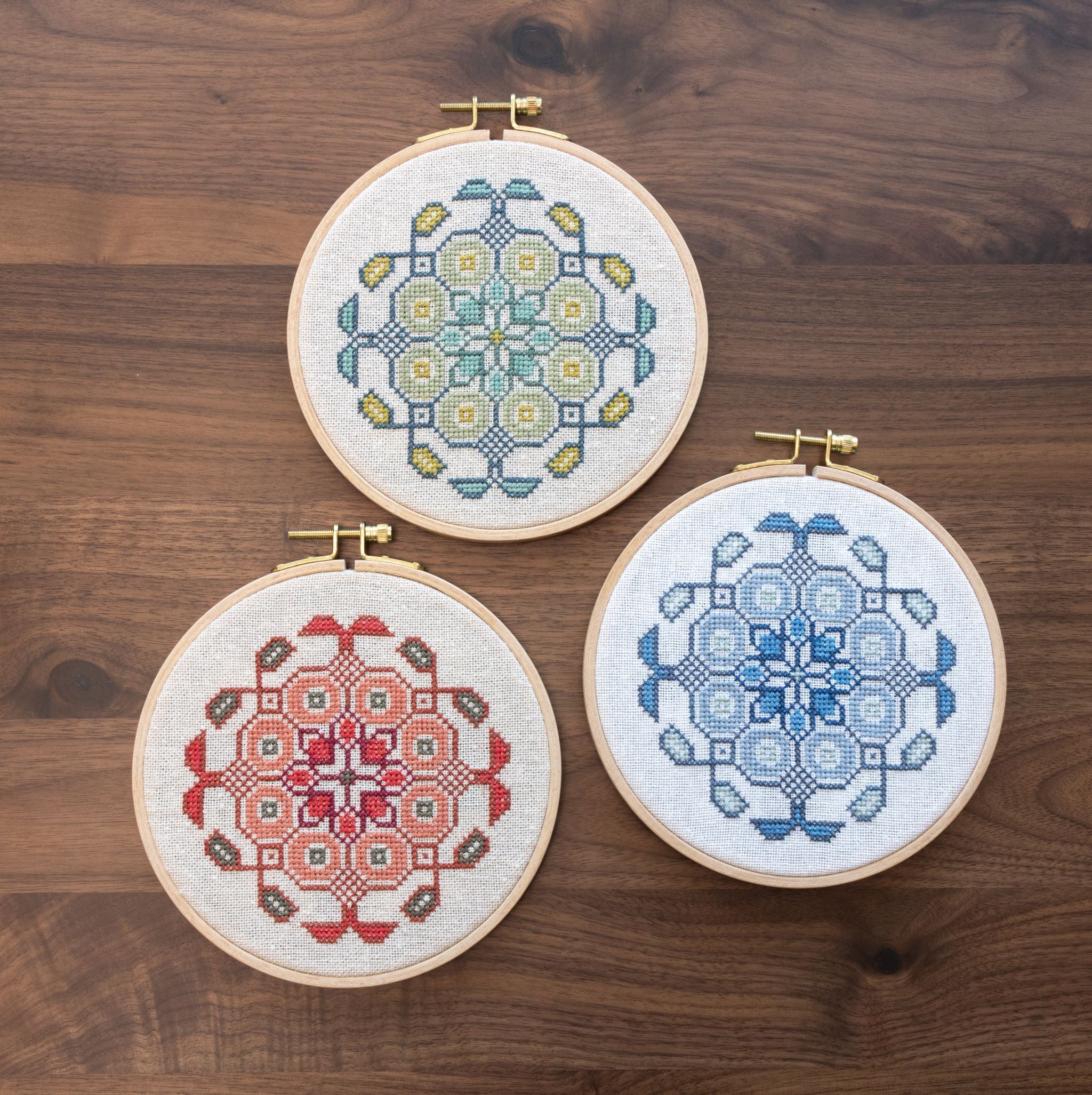 Mediterranean Medallion cross stitch hoop kit in three colors!