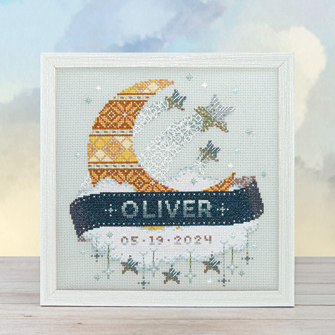 Modern Baby Sampler Moon + Stars Cross Stitch Pattern by Counting Puddles Nashville Market