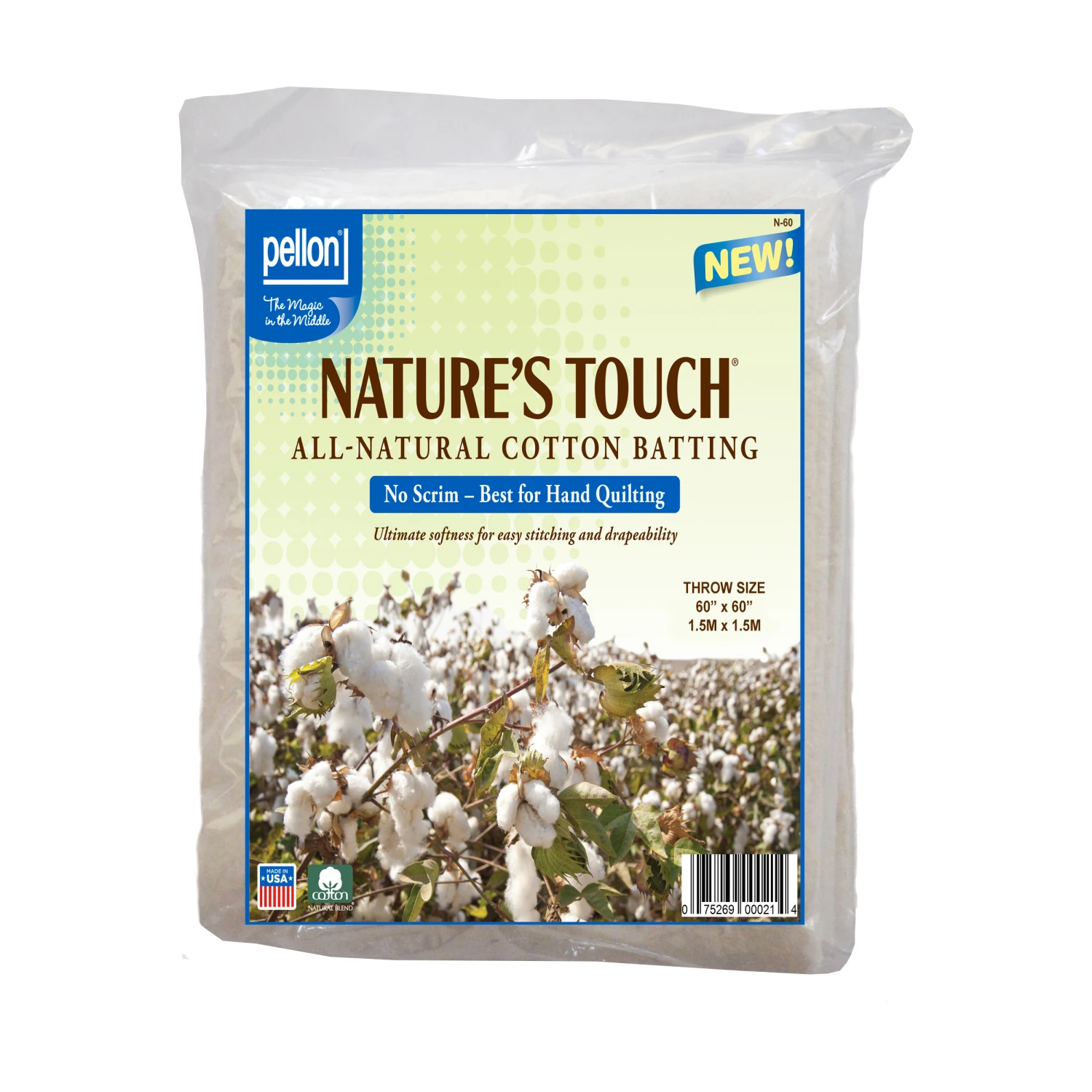 Pellon Natures Touch 100% Natural Cotton Batting Throw-Sized (60"x 60") # N-60