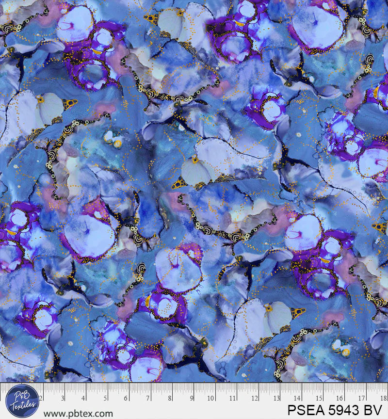Painted Sea Blue Violet Water Clouds Fabric Yardage
