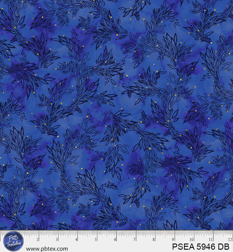 Painted Sea Dark Blue Leaves Fabric Yardage