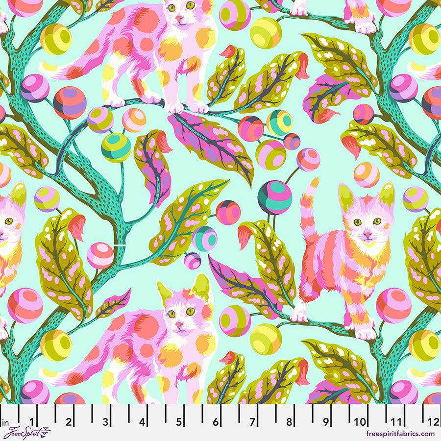 Tabby Road - Disco Kitty Techno Mint - Tula Pink **90CM LEFT - END OF BOLT**
