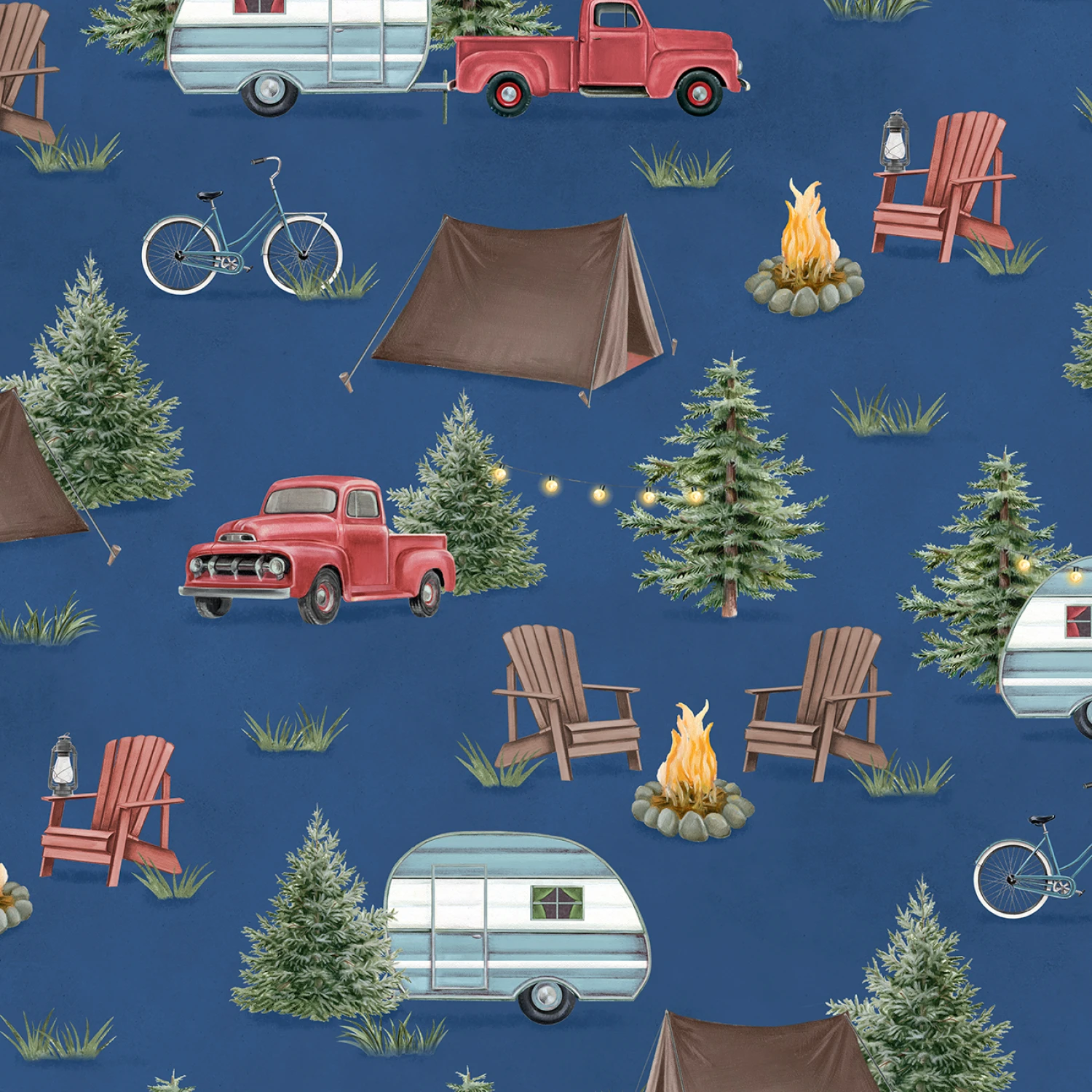 Evergreen Escape - Navy Camping Scenic All Over #20061-473 - Quilting Fabric