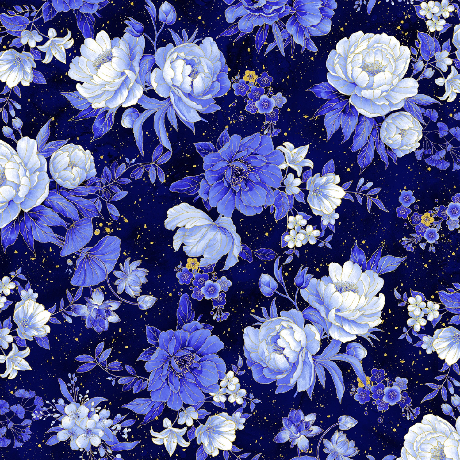 Moonlight - Navy Metallic Asian Floral #CM3981-NAVY - Quilting Fabric