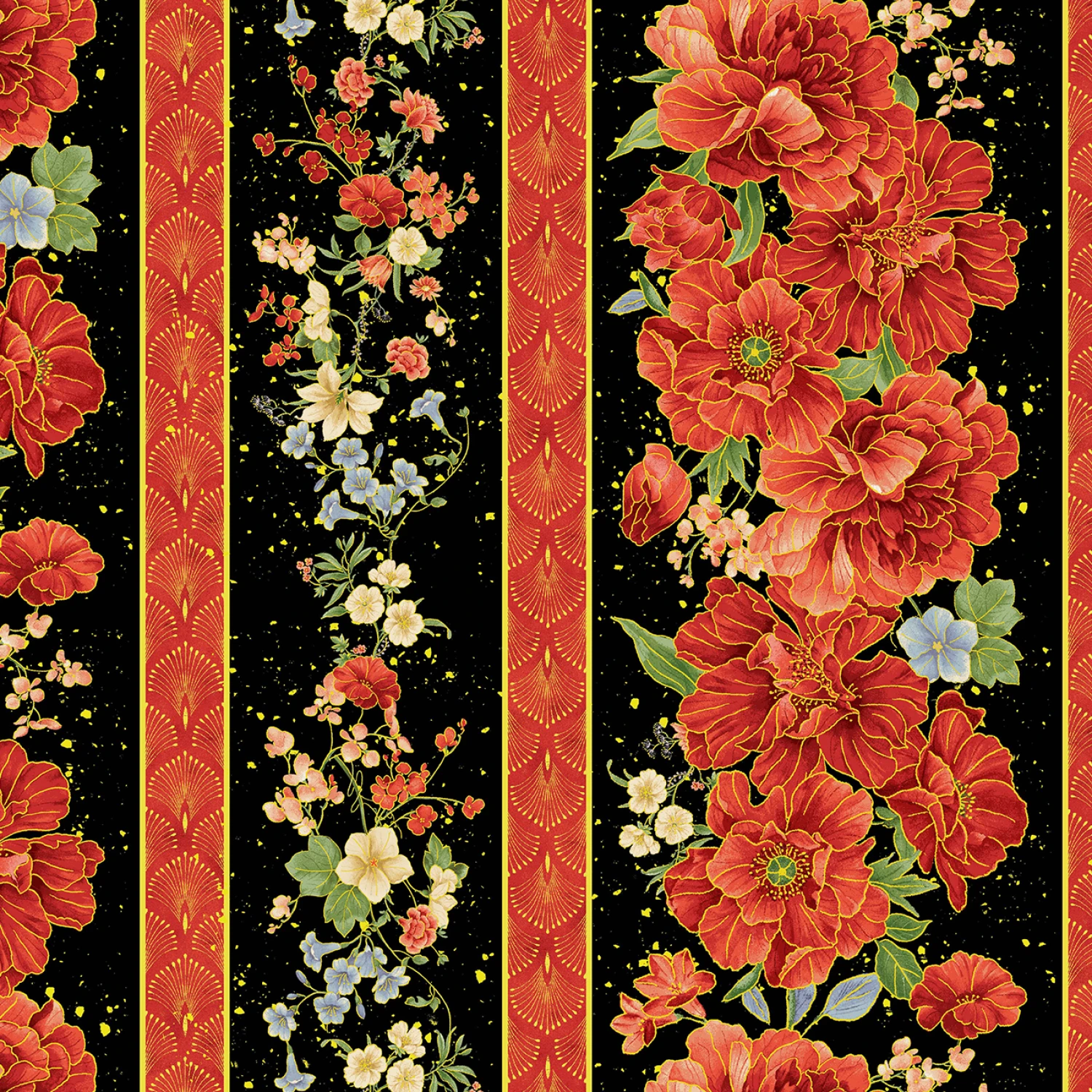 Imperial Bloom - Peonies on Black Border Print w/Metallic #CM4372-BLACK - Quilting Fabric