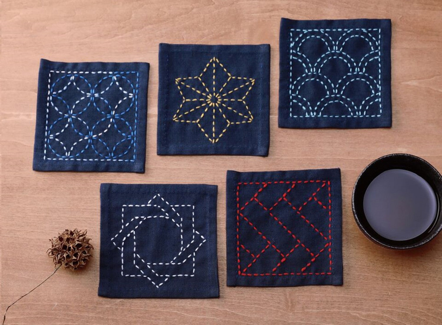 Sashiko Tsumugi Sampler Coaster Collection - Blue
