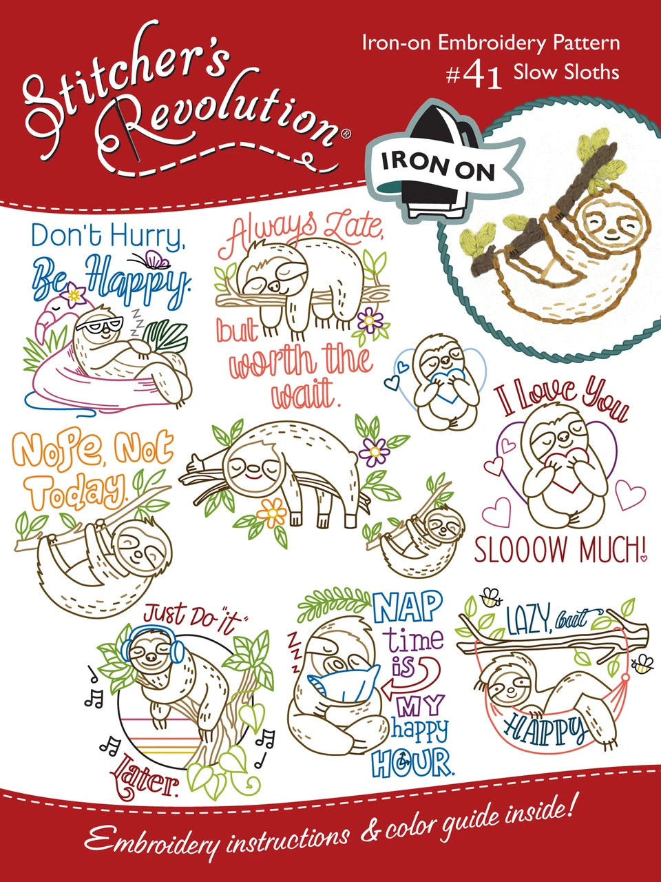 SR41 Slow Sloths Iron-On Embroidery Transfer Pattern |Stitcher’s Revolution