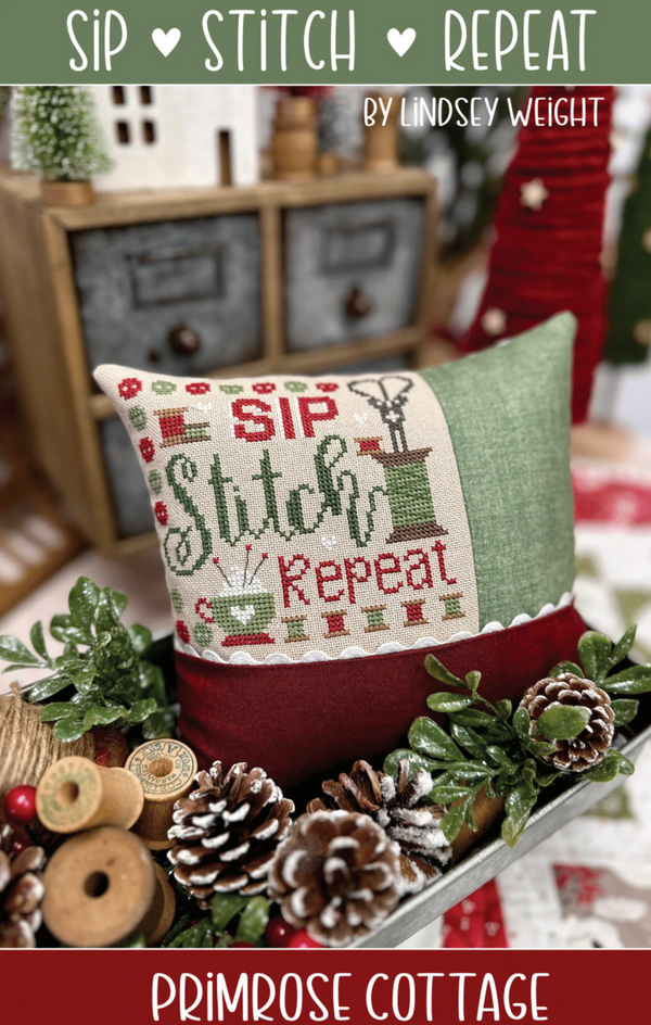 Sip Stitch Repeat Cross Stitch by Lindsey Weight of Primrose Cottage - PAPER Pattern PCS-122
