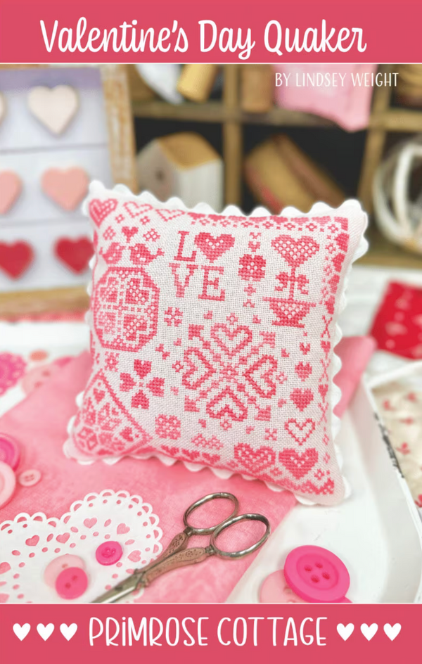 Valentine's Day Quaker Cross Stitch by Lindsey Weight of Primrose Cottage - PAPER Pattern PCS-125