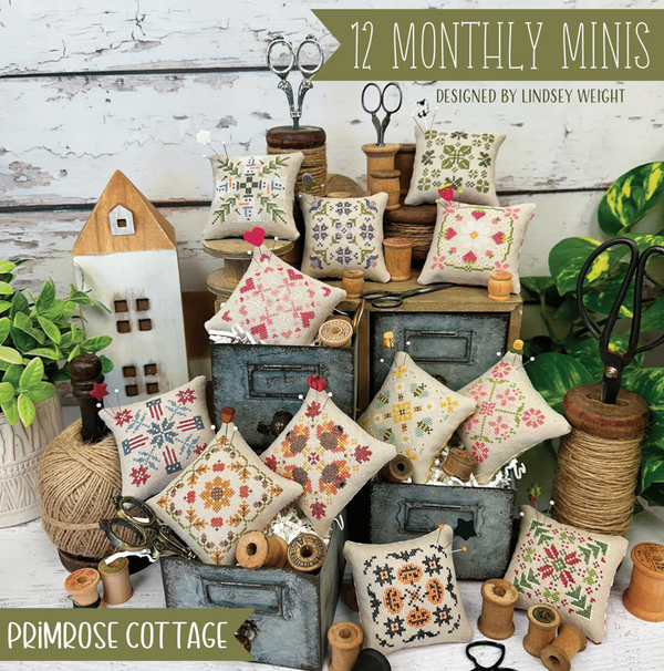 12 Monthly Minis Cross Stitch by Lindsey Weight of Primrose Cottage - PAPER Pattern PCS-129