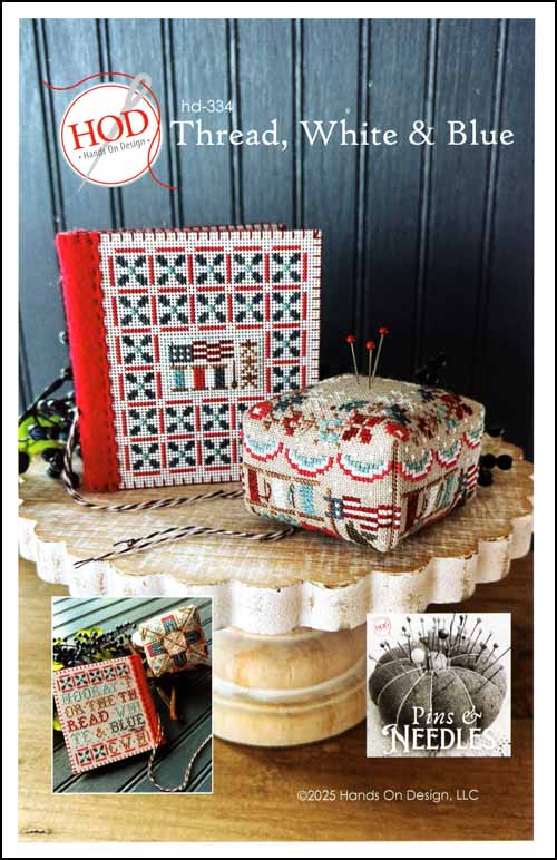 Thread, White & Blue Pincushion Cross Stitch Pattern by Hands On Design