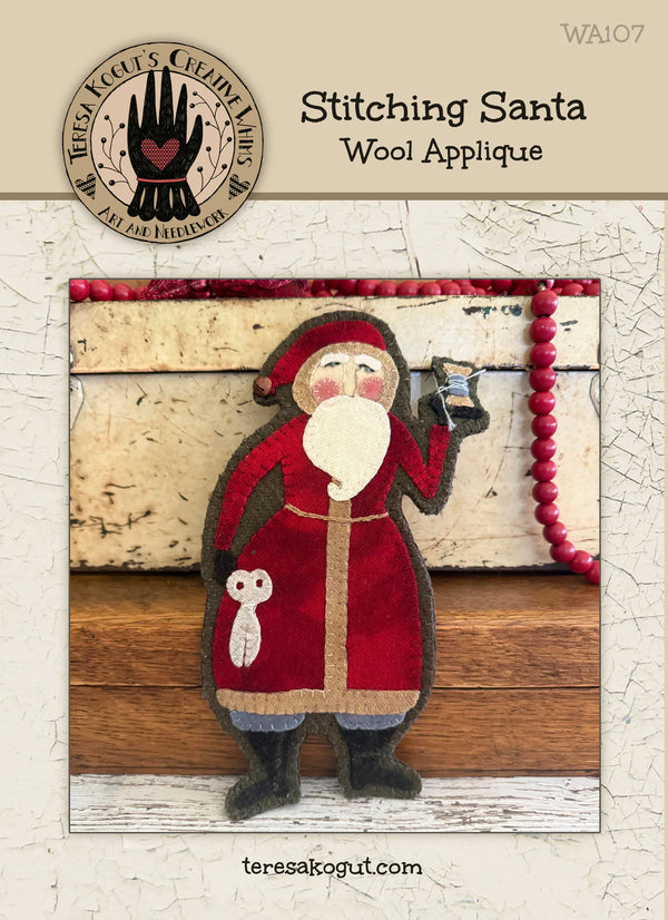 Wool Applique Stitching Santa pattern, by Teresa Kogut