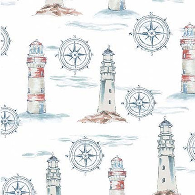 Michael Miller Coastal Living CX11441 White Beacons Lighthouse Compass| SOLD BY THE HALF-YARD