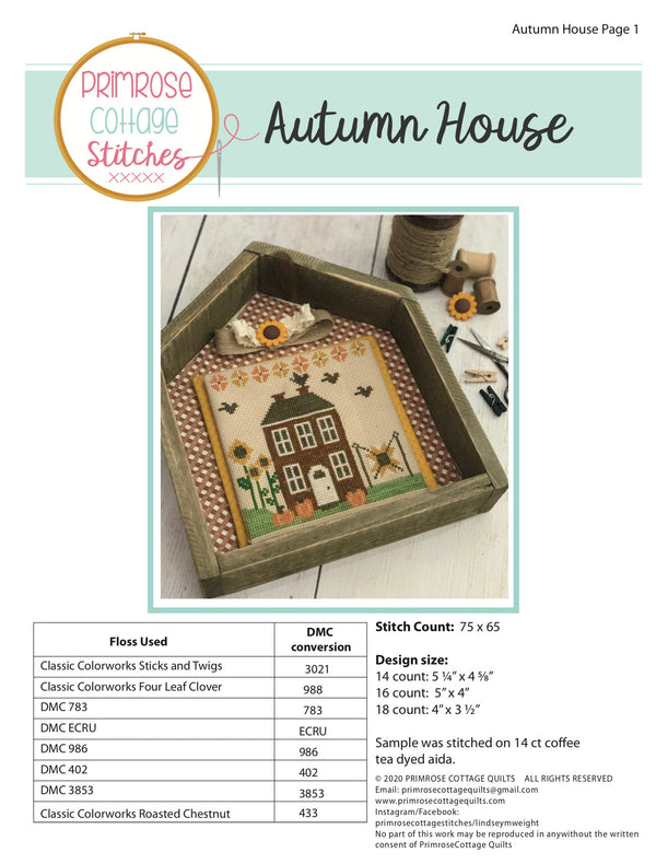 Autumn House Cross Stitch by Lindsey Weight of Primrose Cottage Stitches - PDF Pattern