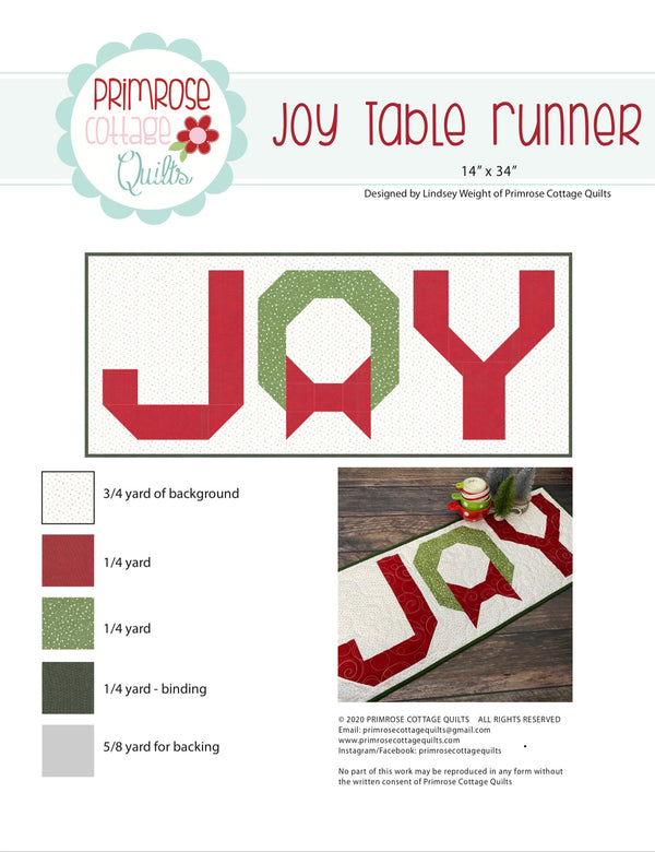 Joy by Lindsey Weight of Primrose Cottage Quilts - Table Runner PDF Pattern
