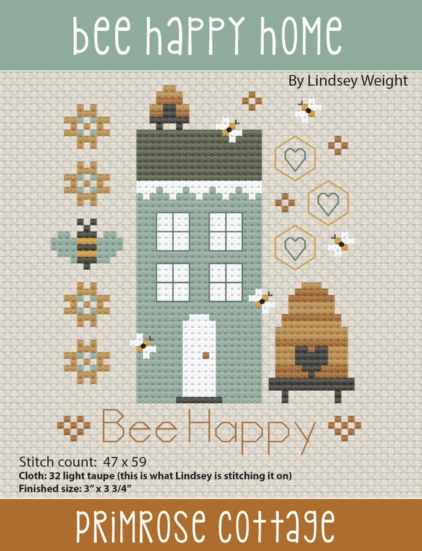 Bee Happy Home Cross Stitch by Lindsey Weight of Primrose Cottage - PDF Pattern