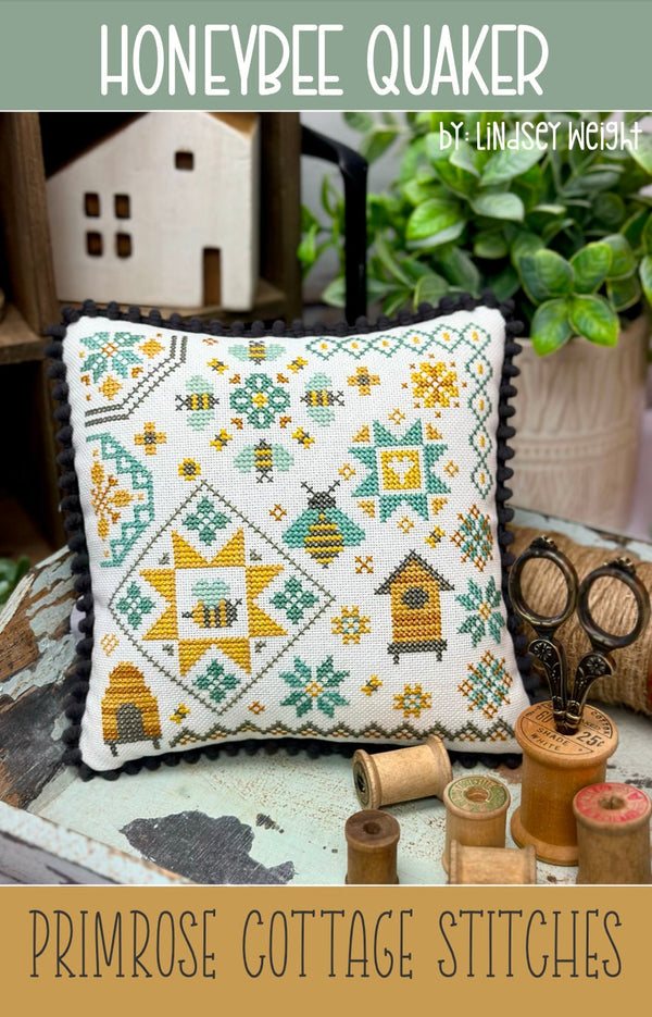 Honeybee Quaker Cross Stitch by Lindsey Weight of Primrose Cottage - PAPER Pattern PCS-113