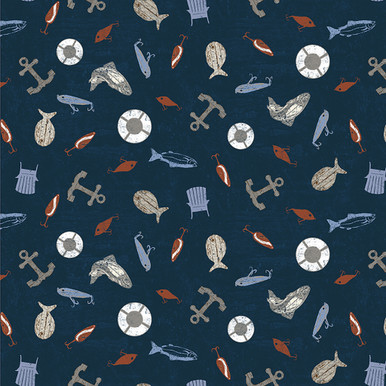Clothworks - On Lake Time Gear Y3715-54 Navy Blue Fishing | SOLD BY THE HALF-YARD
